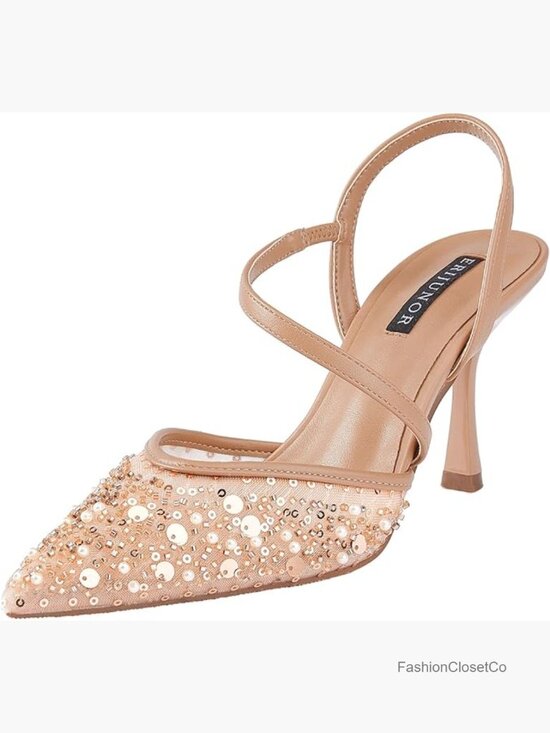 Shoes - Slingback Wedding Party Shoes Lace Mesh Kitten Heels Pointed Toe Pearl Beading